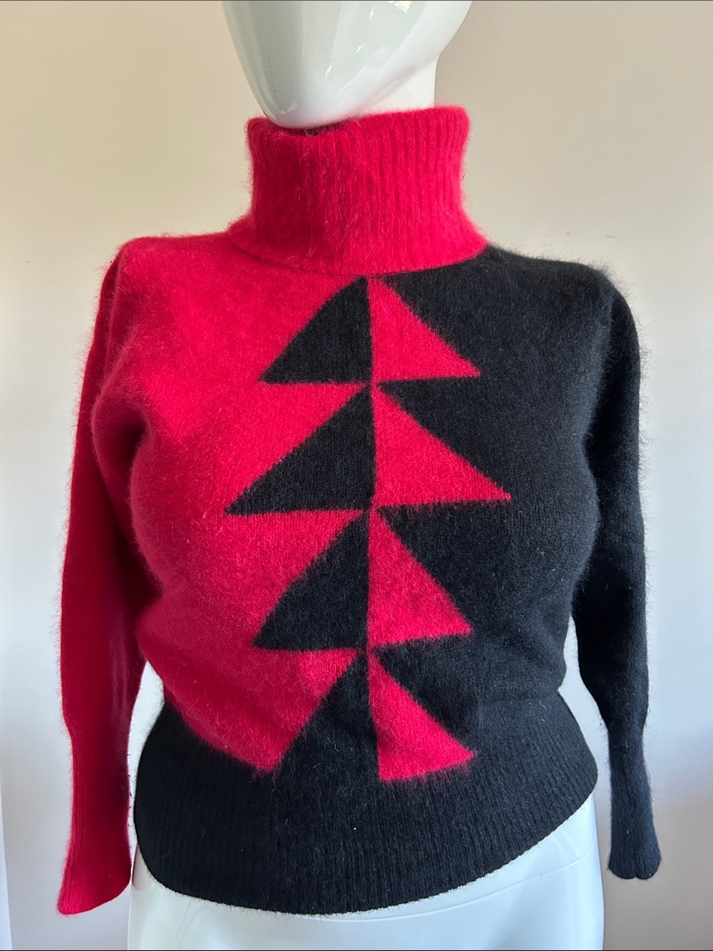 Vintage 80s Lambswool & Angora Red & Black Geometric Turtleneck Sweater